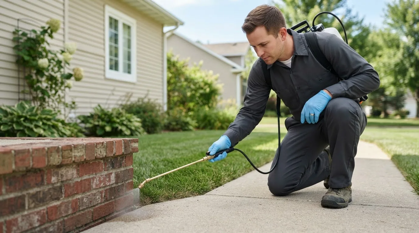 Pest control technician treating a home near Burkburnett, TX